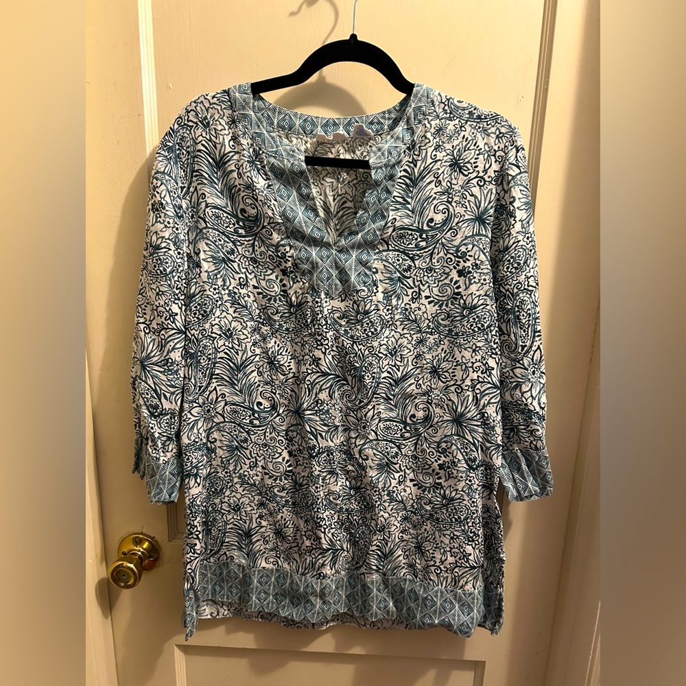 Sigrid Olsen‎ linen green floral batik print tunic large